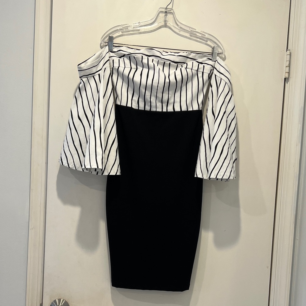 Just Me Black and White Striped Off-Shoulder Dress